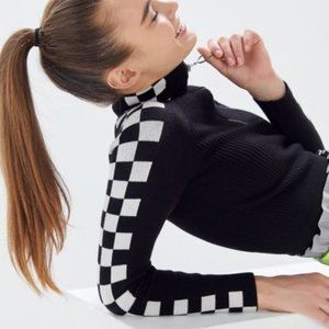 Urban Outfitters Checkered Half-zip Cropped Sweater Black White Size Small